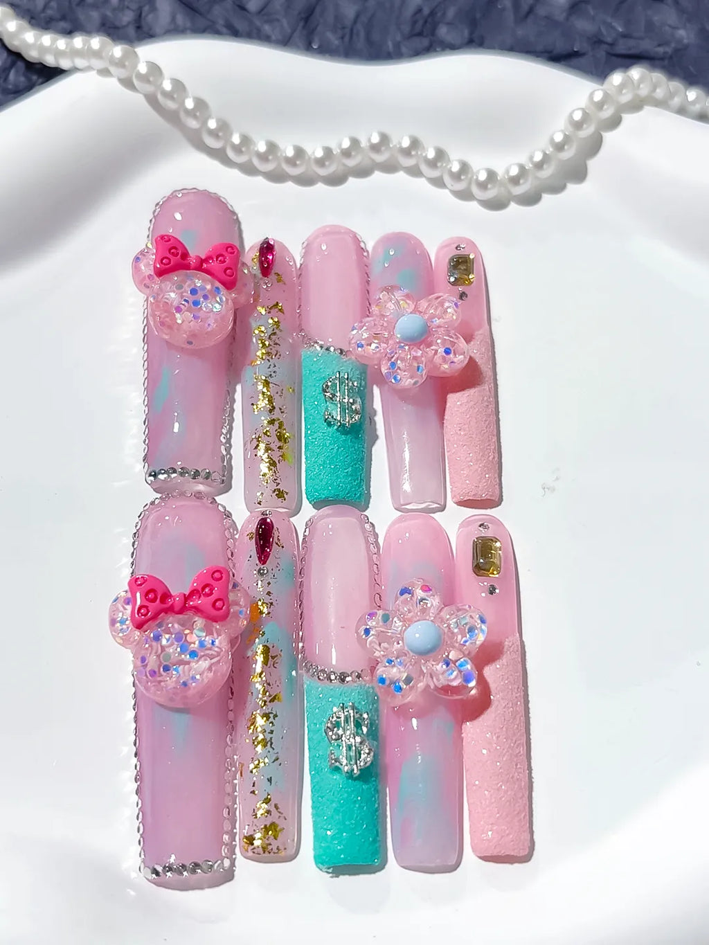 Pink White Blue Solid color Bow Pearls 3D press on nails close up
