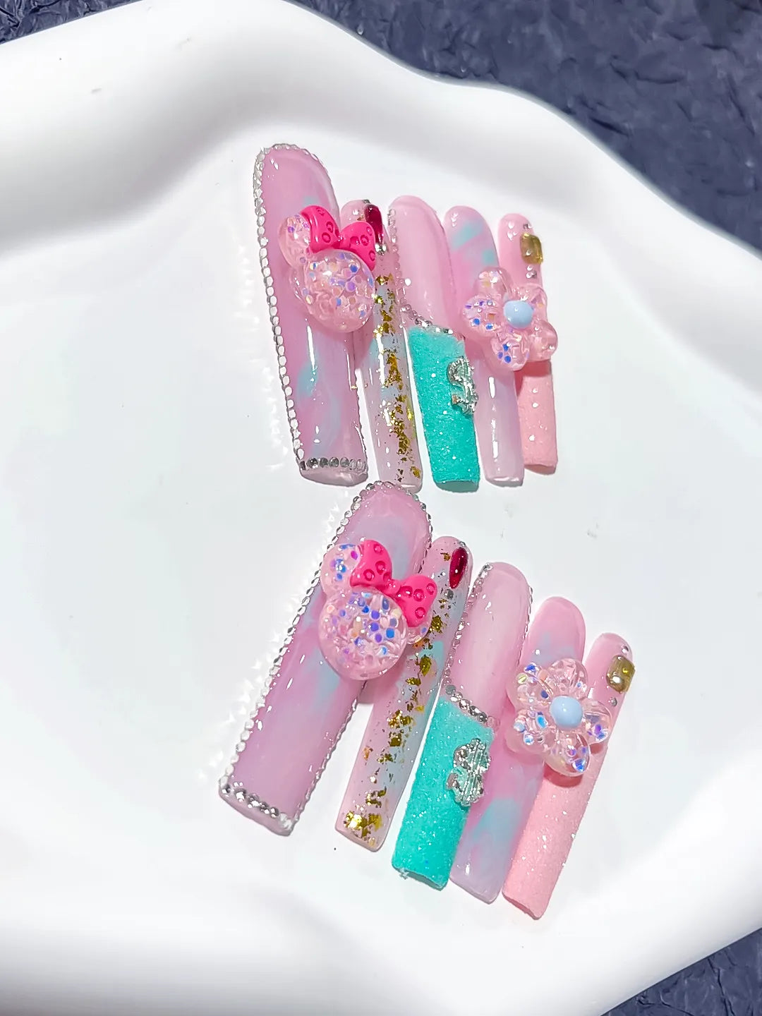 Pink White Blue Solid color Bow Pearls 3D press on nails detail view