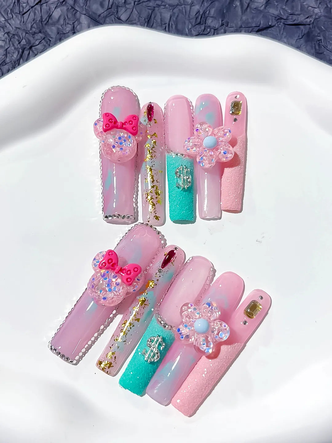 Pink White Blue Solid color Bow Pearls 3D press on nails detail view
