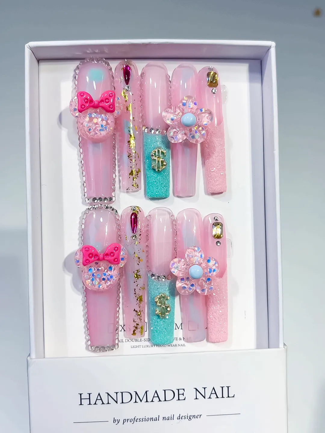 Pink White Blue Solid color Bow Pearls 3D press on nails full set view