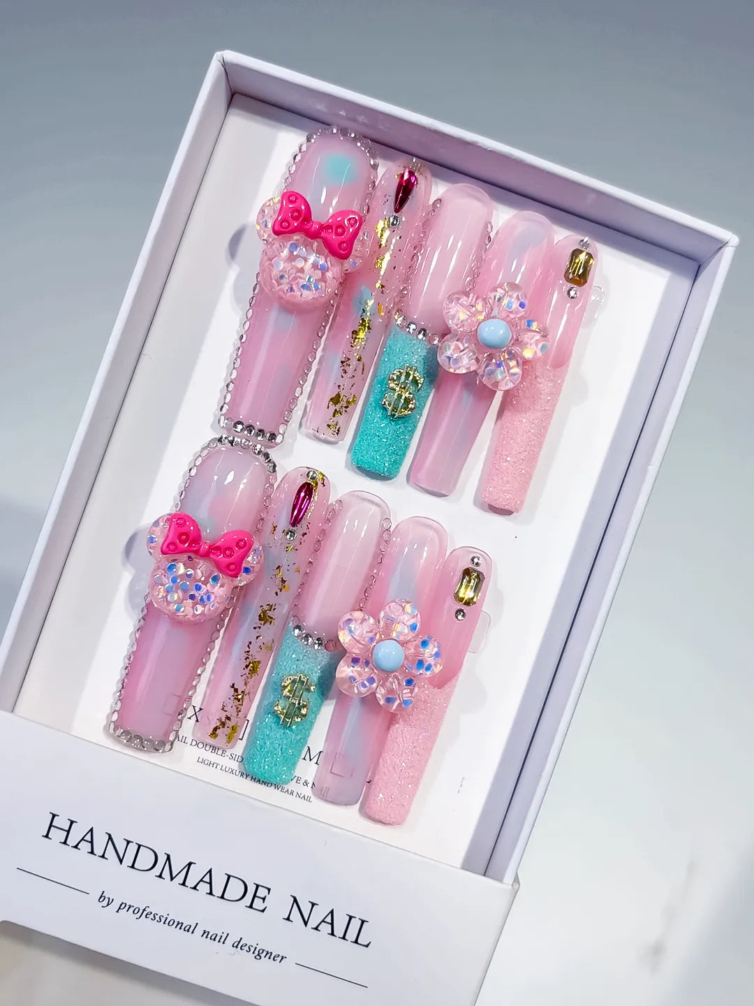 Pink White Blue Solid color Bow Pearls 3D press on nails