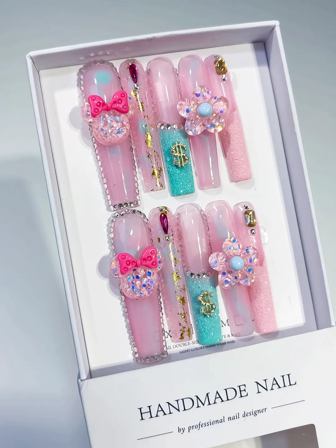 Pink White Blue Solid color Bow Pearls 3D press on nails angled view