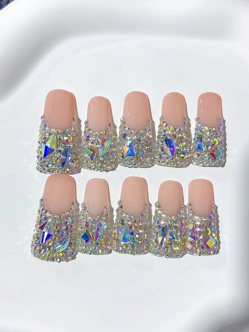 Nude Brown Silver Solid color Rhinestone Crystal Cluster press on nails close up