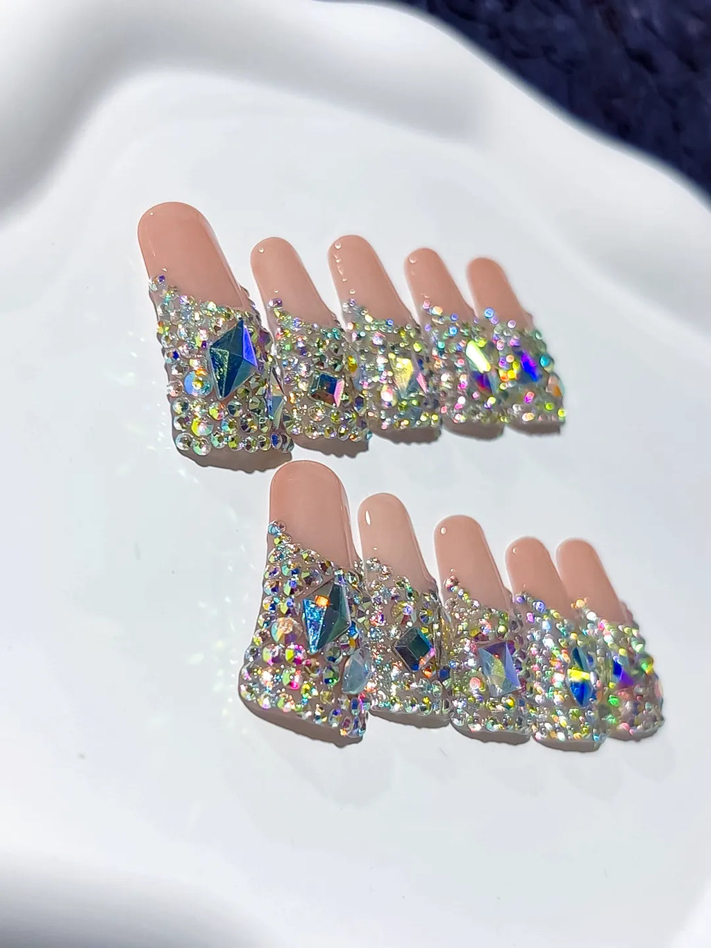 Nude Brown Silver Solid color Rhinestone Crystal Cluster press on nails detail view