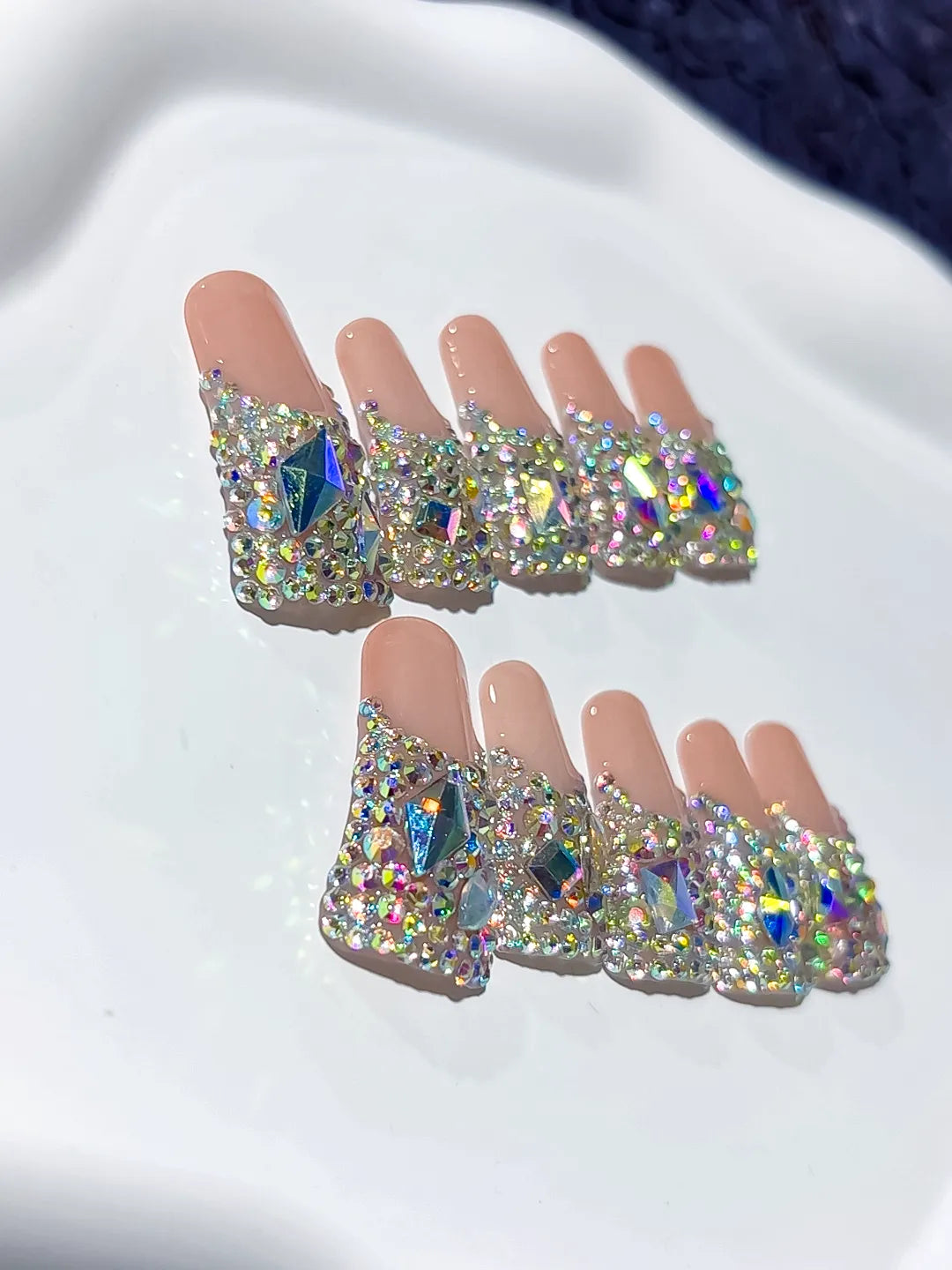 Nude Brown Silver Solid color Rhinestone Crystal Cluster press on nails detail view