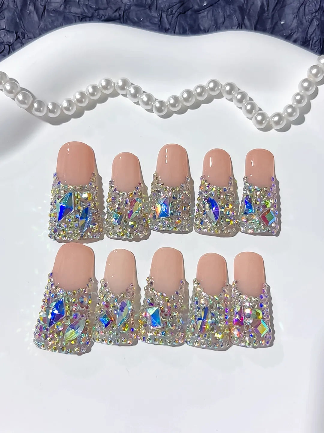 Nude Brown Silver Solid color Rhinestone Crystal Cluster press on nails detail view