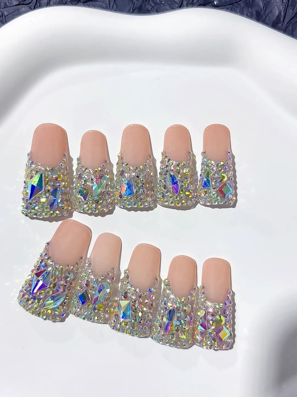 Nude Brown Silver Solid color Rhinestone Crystal Cluster press on nails detail view