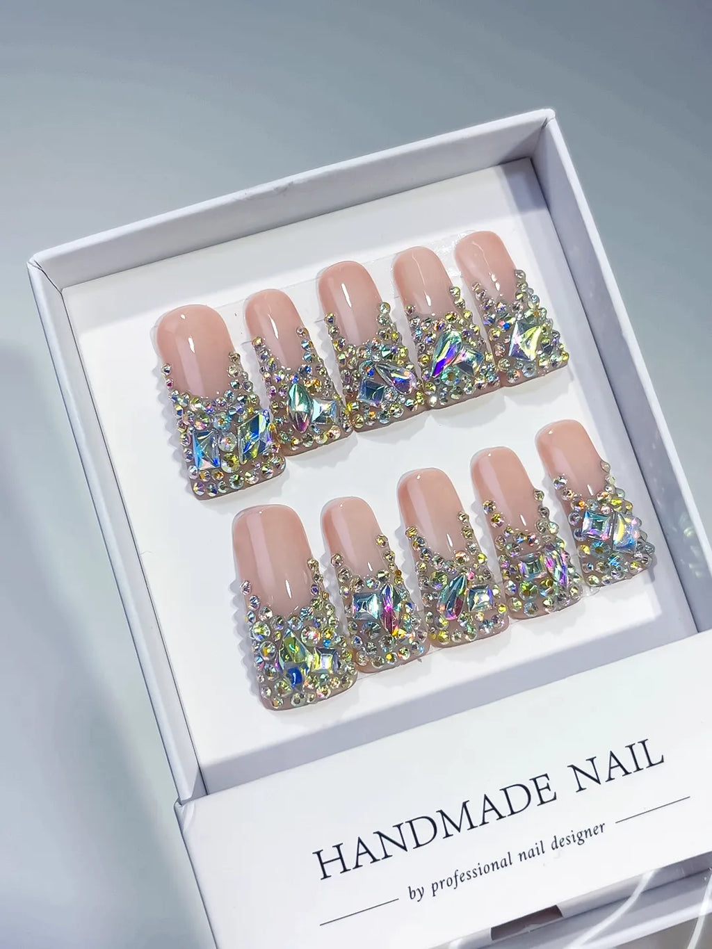 Nude Brown Silver Solid color Rhinestone Crystal Cluster press on nails angled view