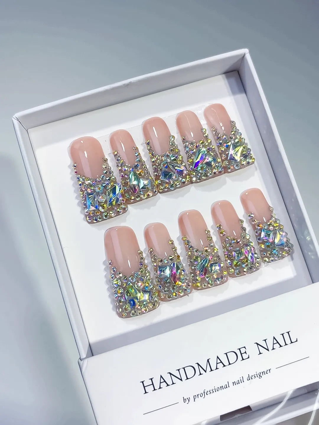 Nude Brown Silver Solid color Rhinestone Crystal Cluster press on nails angled view