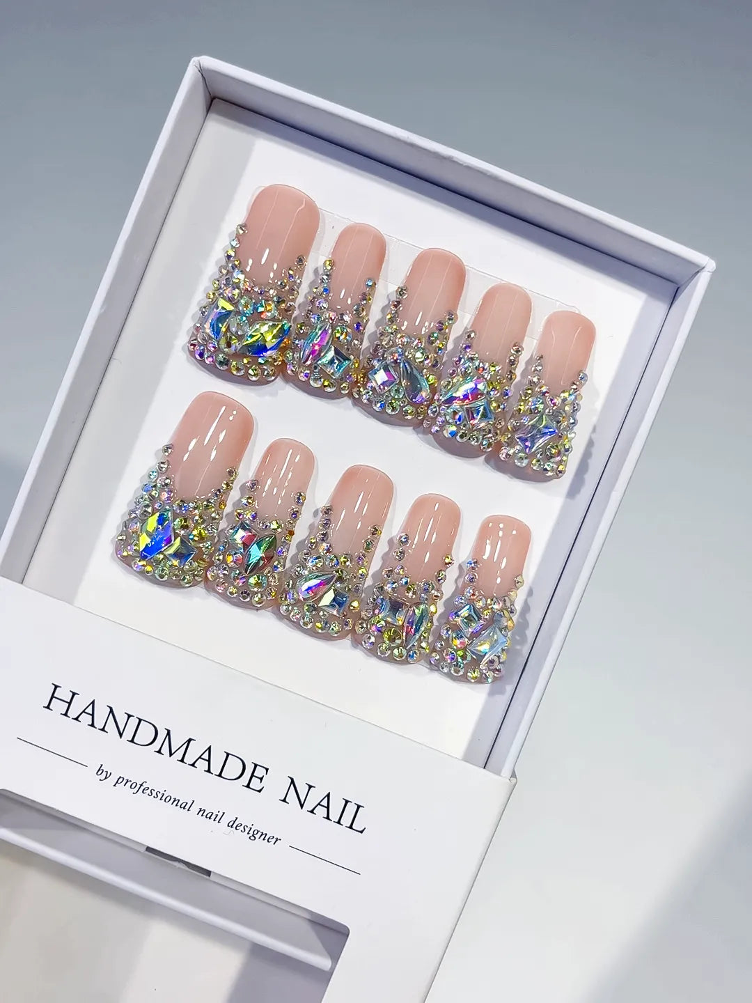 Nude Brown Silver Solid color Rhinestone Crystal Cluster press on nails