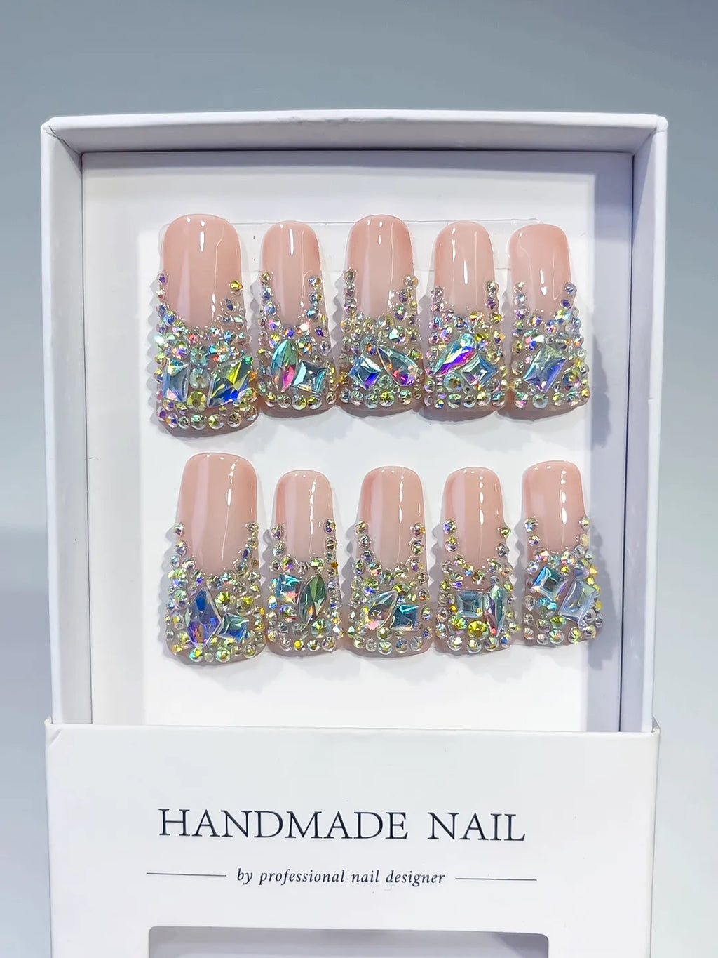 Nude Brown Silver Solid color Rhinestone Crystal Cluster press on nails full set view