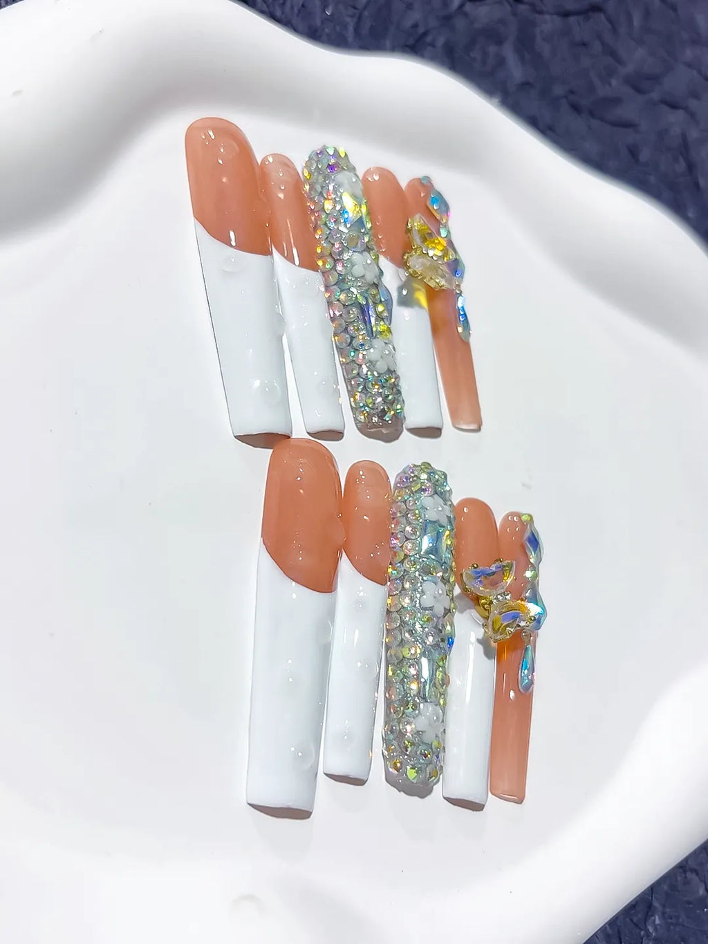 White Orange Gold Solid color Flower Metallic Accent 3D press on nails close up