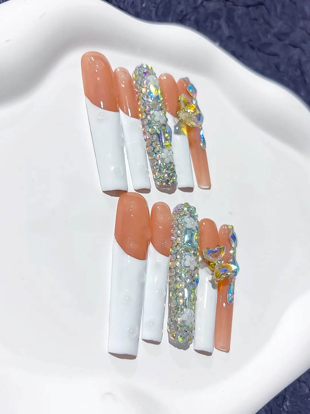 White Orange Gold Solid color Flower Metallic Accent 3D press on nails close up