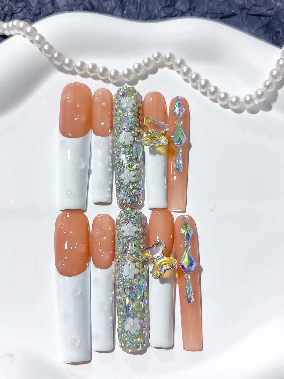 White Orange Gold Solid color Flower Metallic Accent 3D press on nails detail view