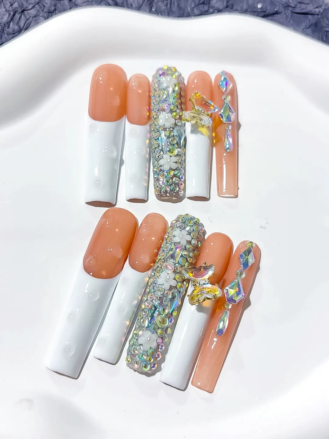 White Orange Gold Solid color Flower Metallic Accent 3D press on nails detail view