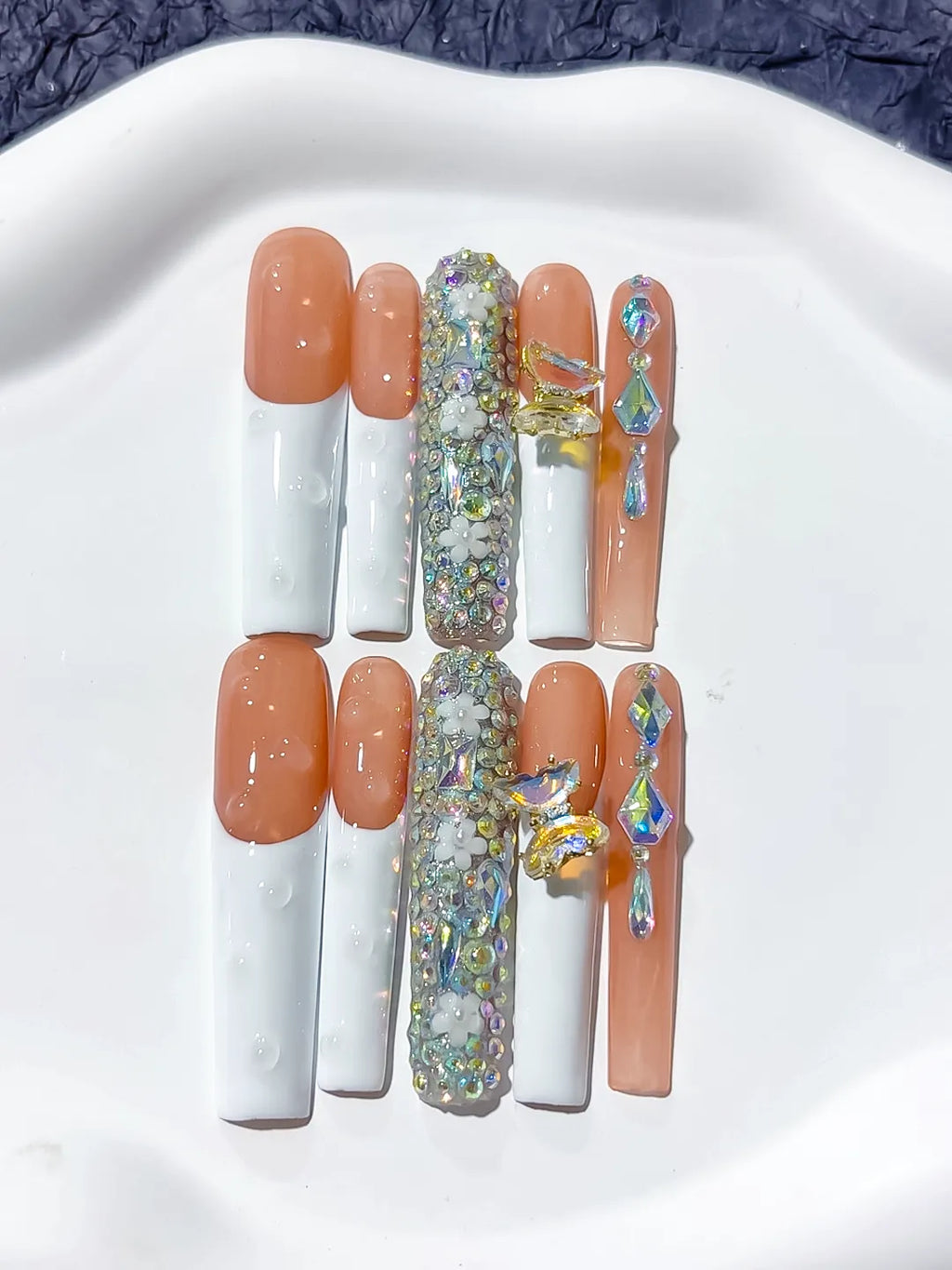 White Orange Gold Solid color Flower Metallic Accent 3D press on nails detail view