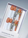 White Orange Gold Solid color Flower Metallic Accent 3D press on nails