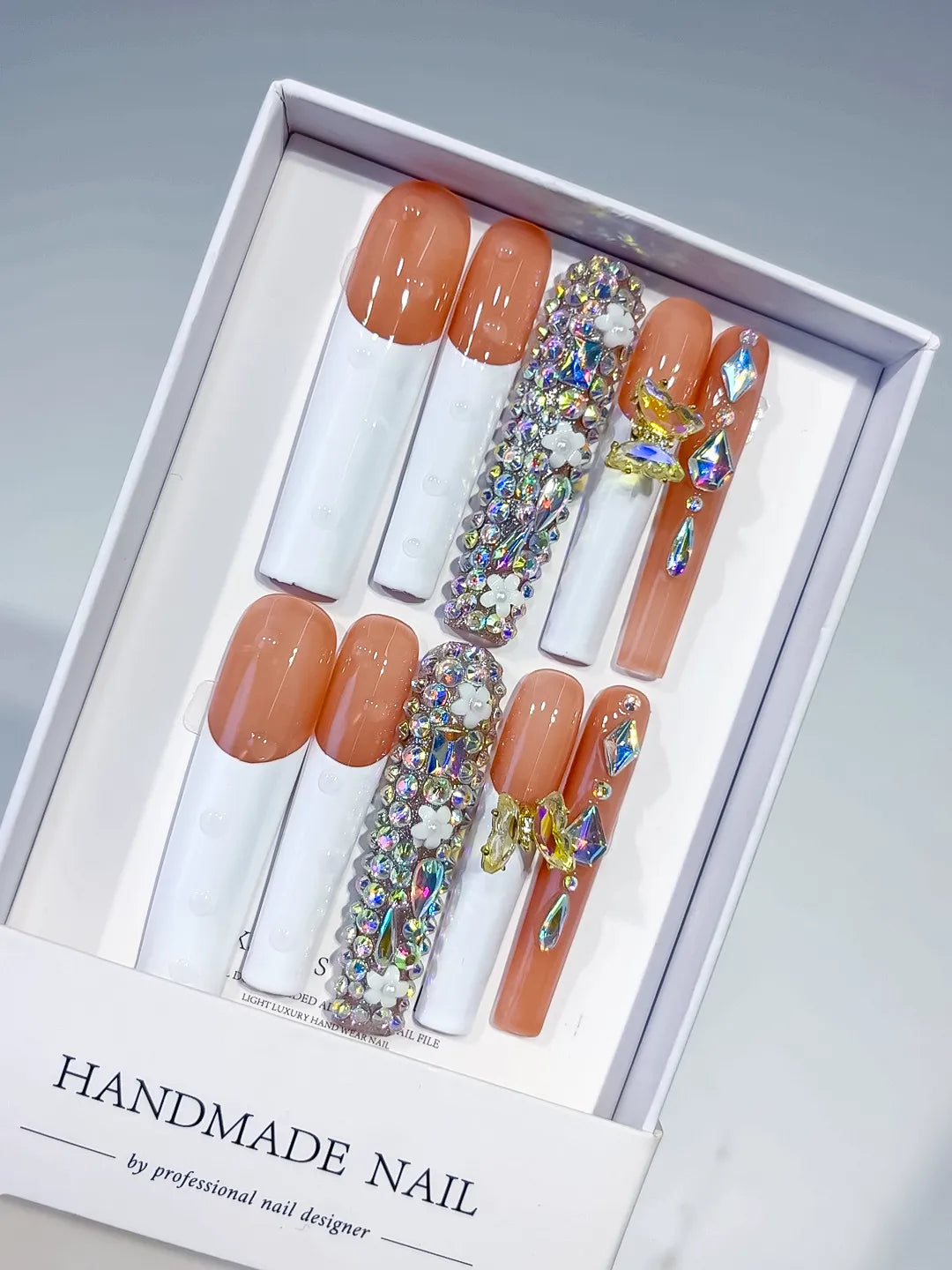 White Orange Gold Solid color Flower Metallic Accent 3D press on nails