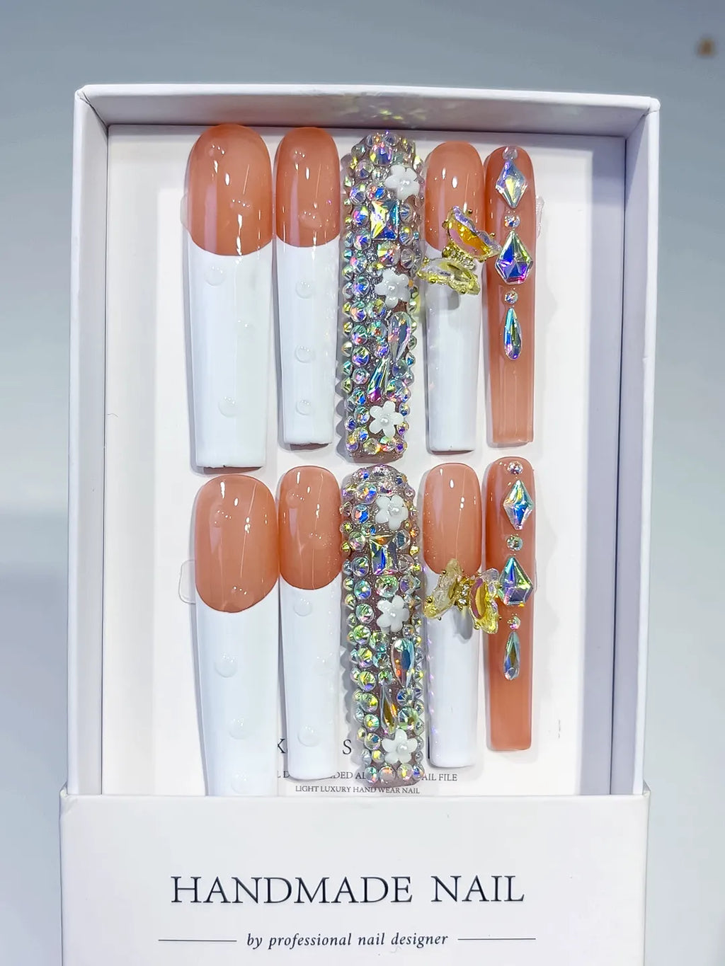 White Orange Gold Solid color Flower Metallic Accent 3D press on nails full set view