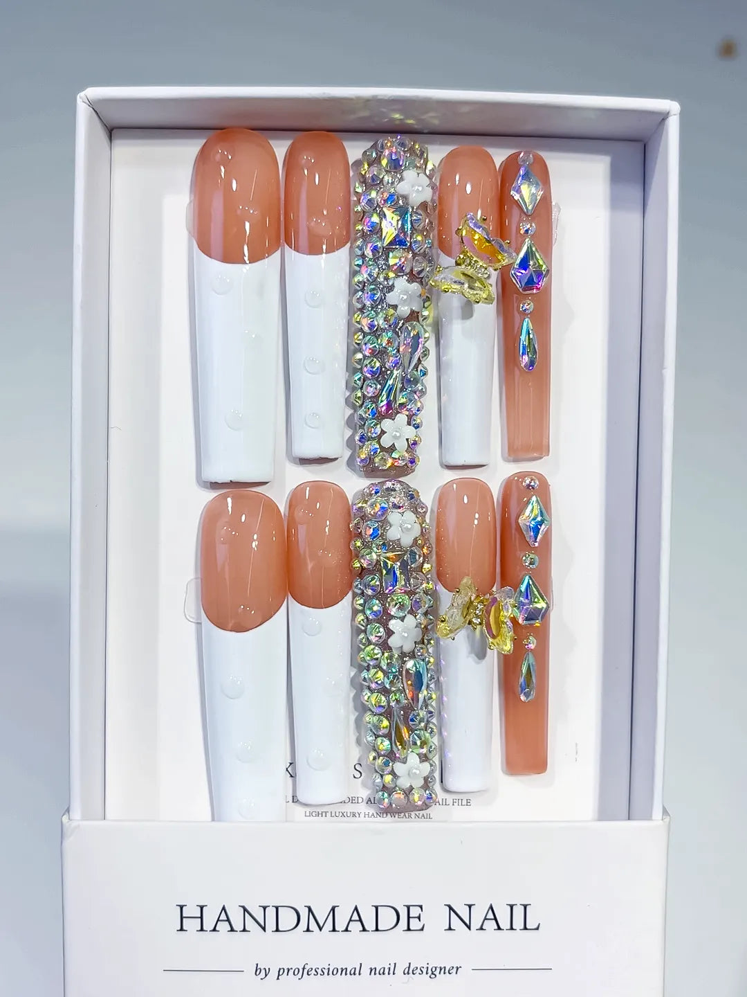 White Orange Gold Solid color Flower Metallic Accent 3D press on nails full set view
