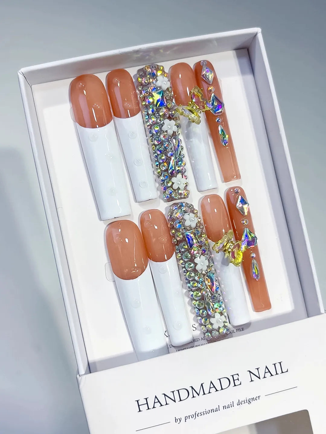 White Orange Gold Solid color Flower Metallic Accent 3D press on nails angled view