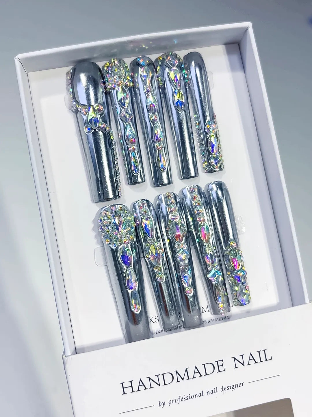 Silver Black Metallic Rhinestone Crystal Cluster press on nails angled view