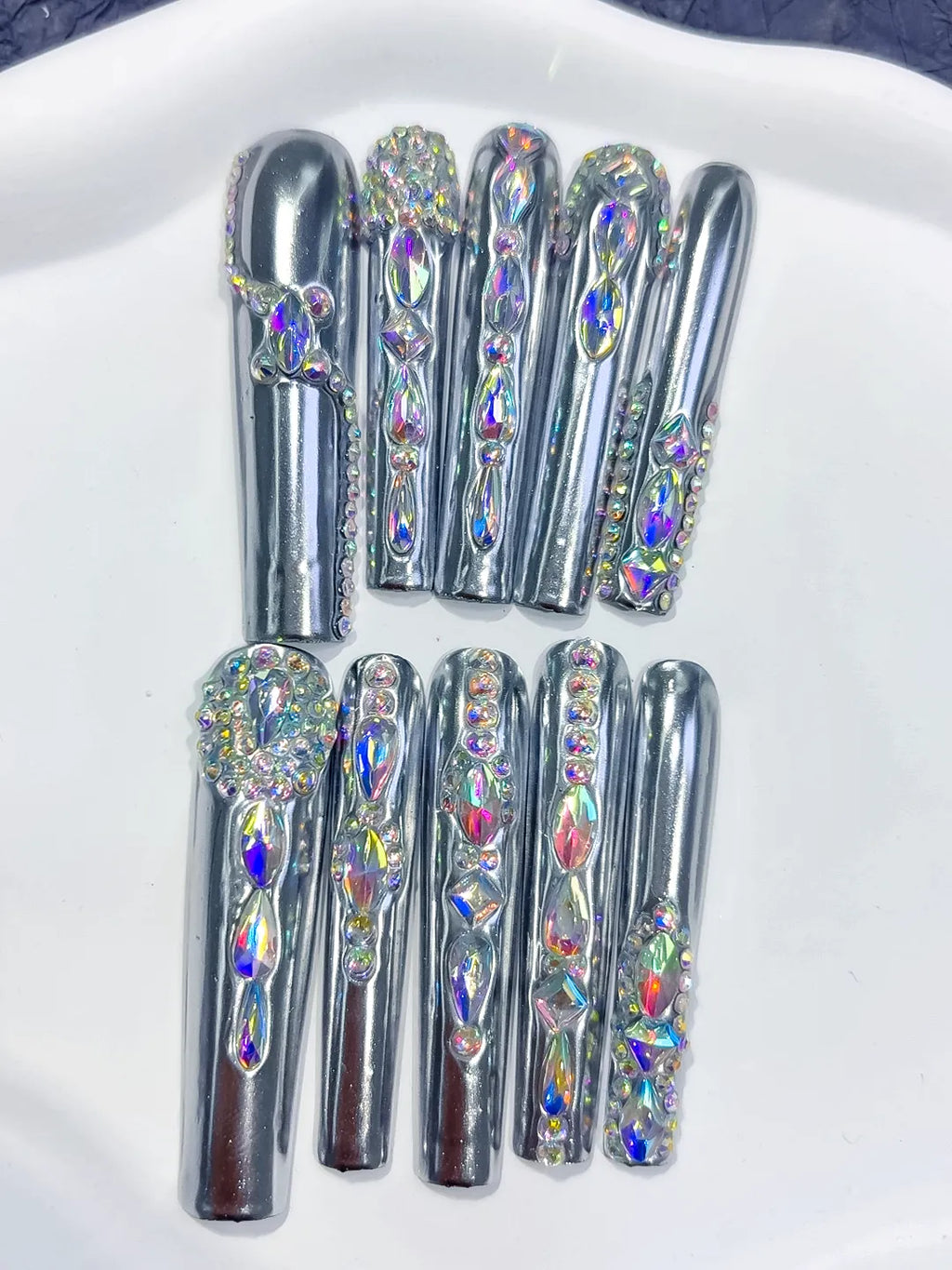 Silver Black Metallic Rhinestone Crystal Cluster press on nails detail view