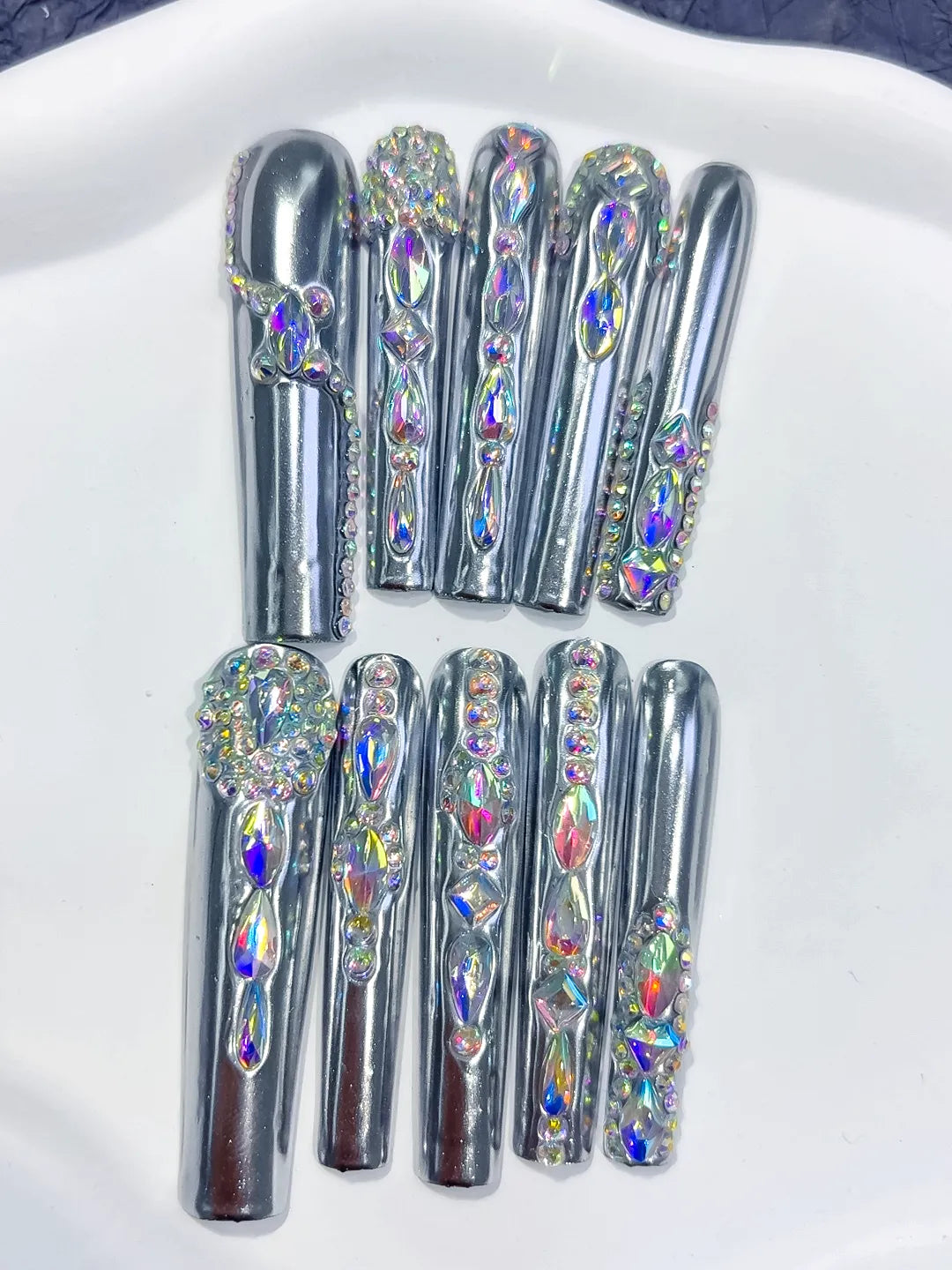 Silver Black Metallic Rhinestone Crystal Cluster press on nails detail view