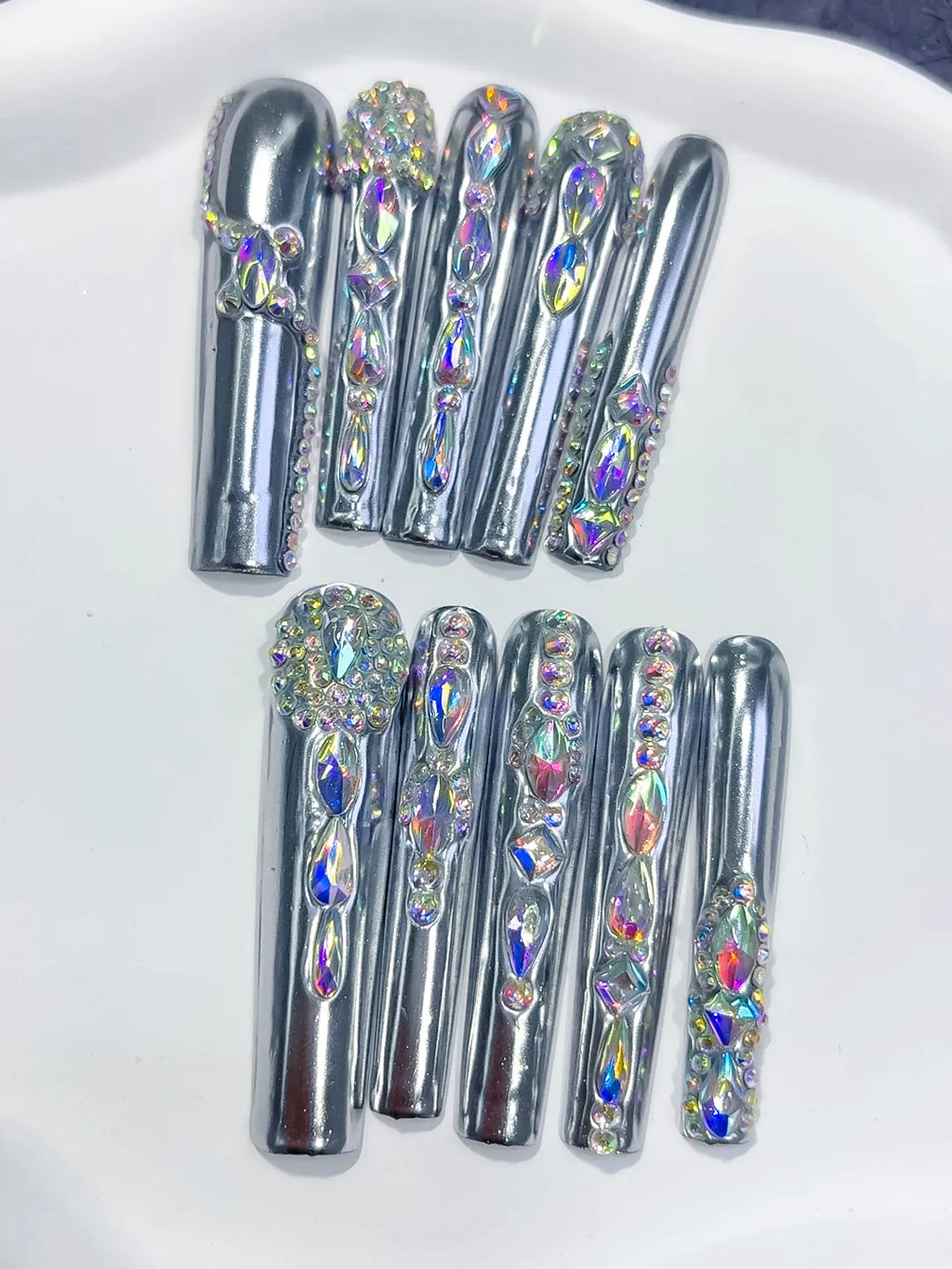 Silver Black Metallic Rhinestone Crystal Cluster press on nails detail view