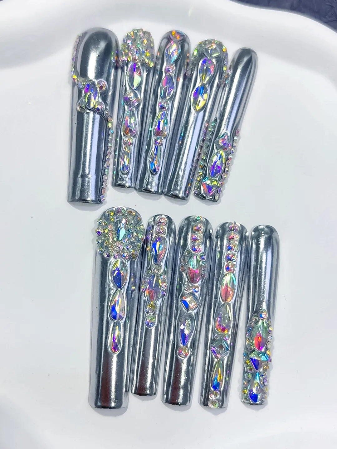 Silver Black Metallic Rhinestone Crystal Cluster press on nails detail view