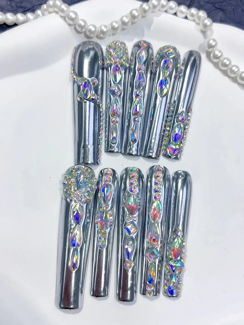 Silver Black Metallic Rhinestone Crystal Cluster press on nails detail view