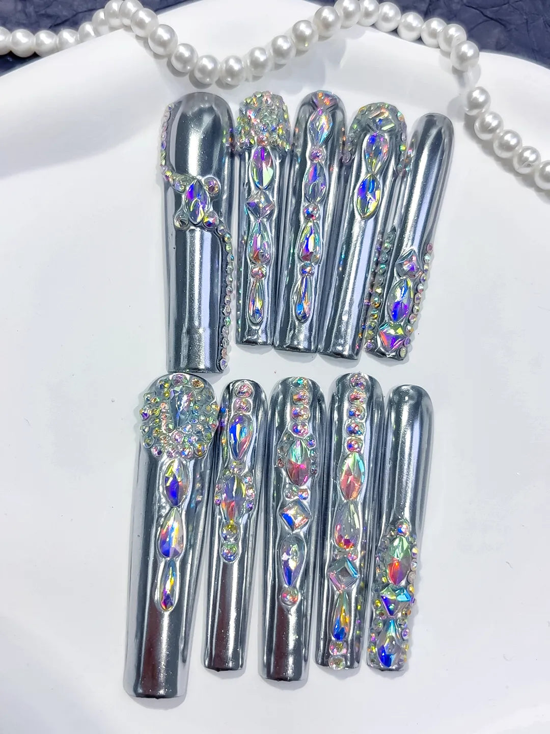 Silver Black Metallic Rhinestone Crystal Cluster press on nails detail view