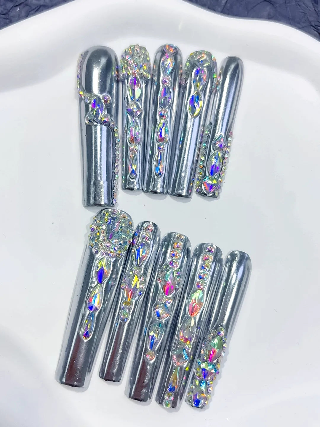 Silver Black Metallic Rhinestone Crystal Cluster press on nails close up