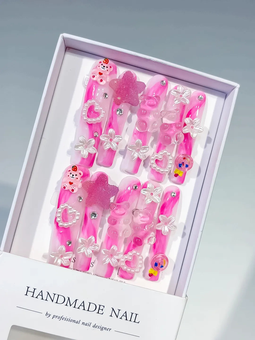 Pink White Solid color Flower 3D press on nails
