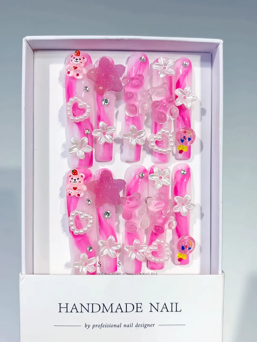 Pink White Solid color Flower 3D press on nails full set view