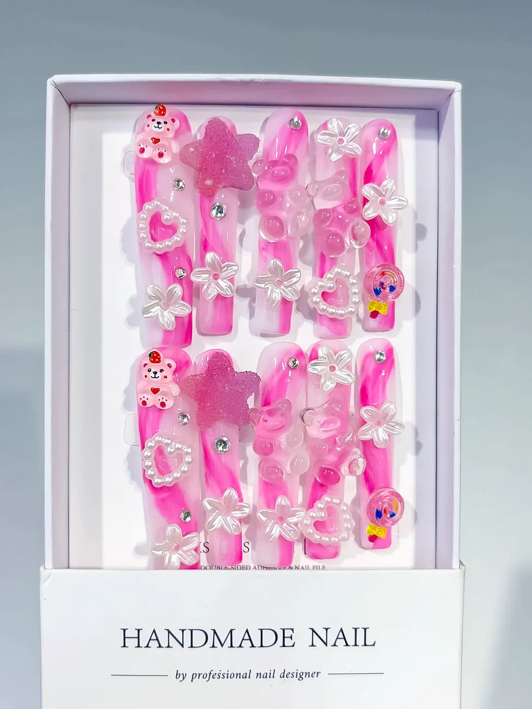 Pink White Solid color Flower 3D press on nails full set view