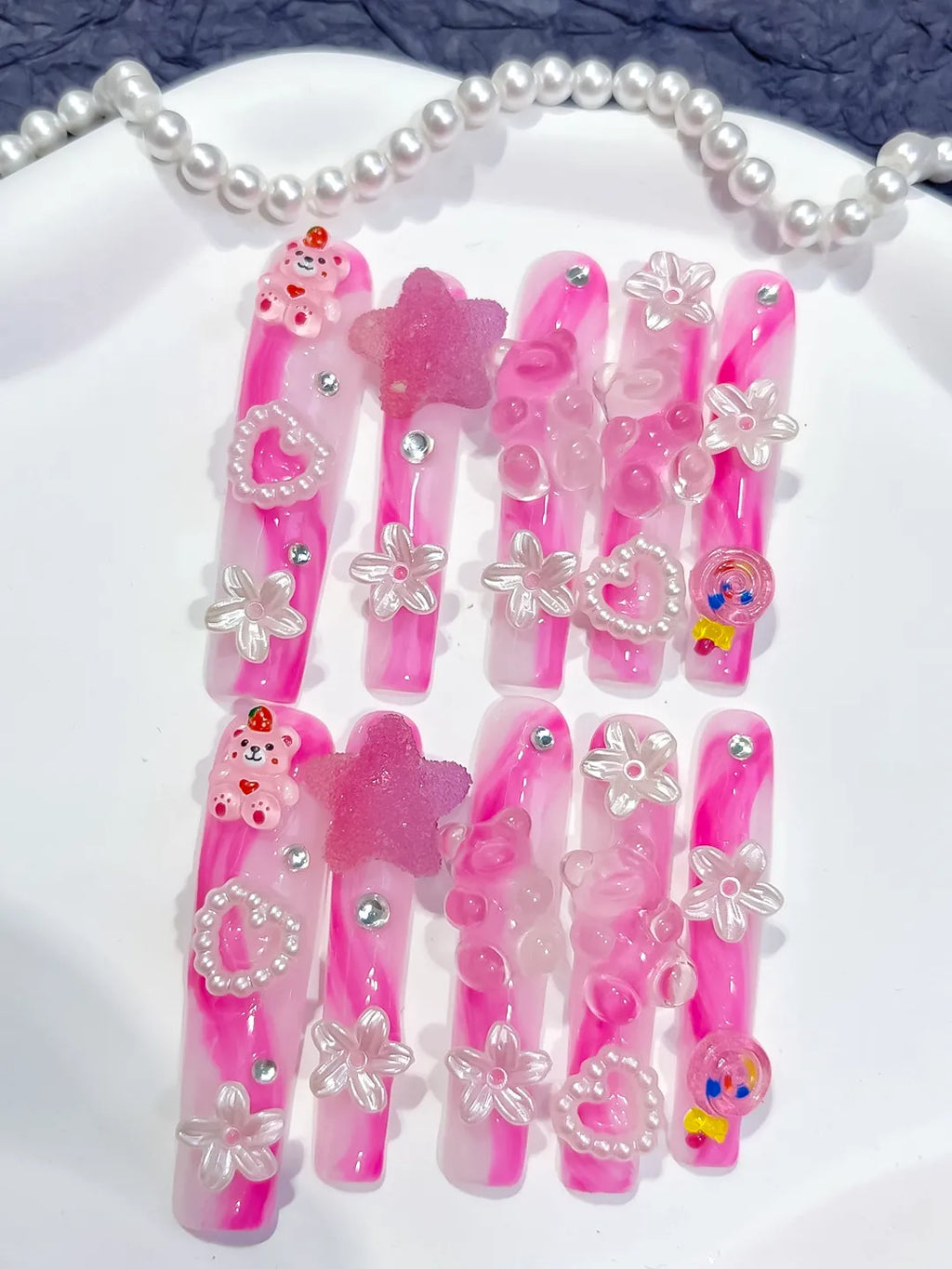 Pink White Solid color Flower 3D press on nails close up