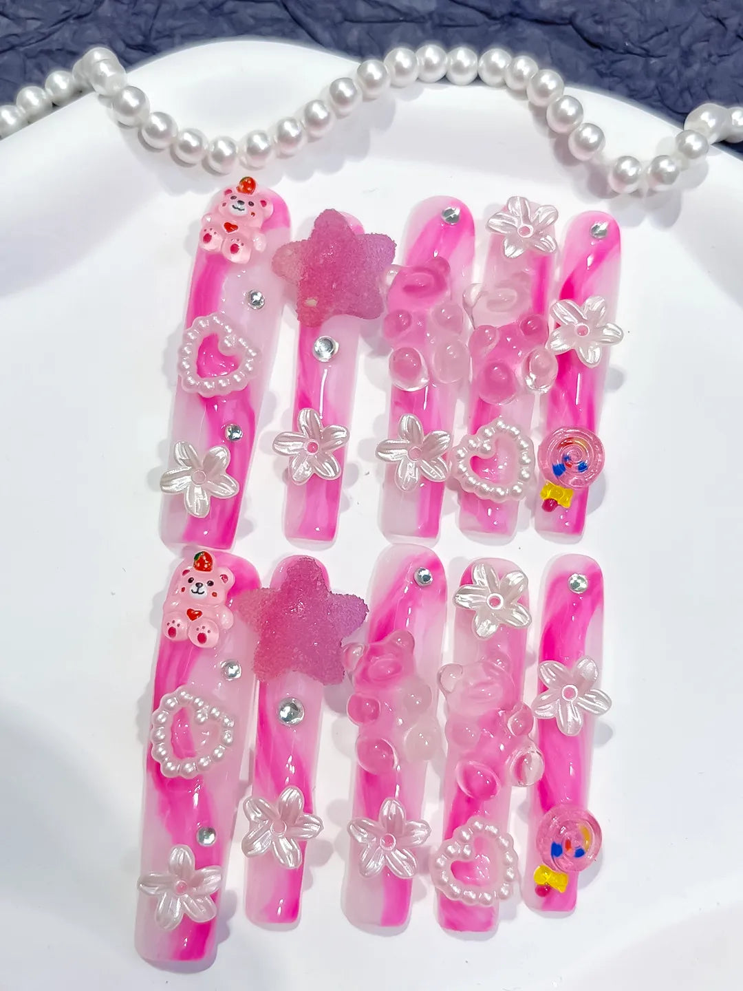 Pink White Solid color Flower 3D press on nails close up
