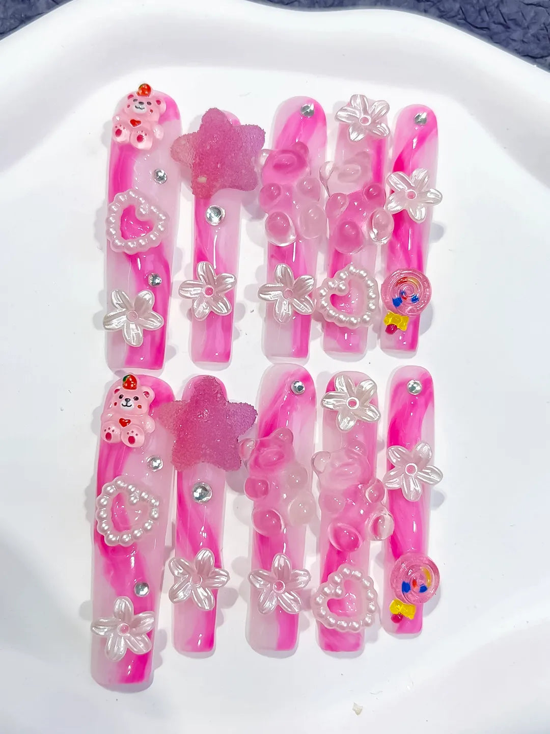 Pink White Solid color Flower 3D press on nails detail view