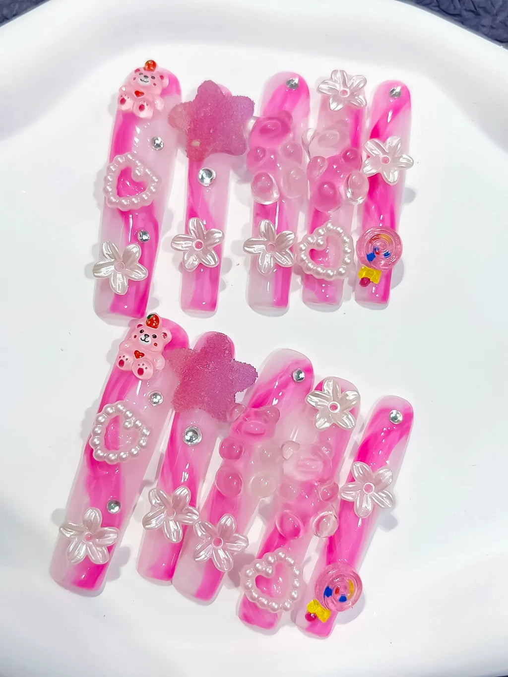 Pink White Solid color Flower 3D press on nails detail view