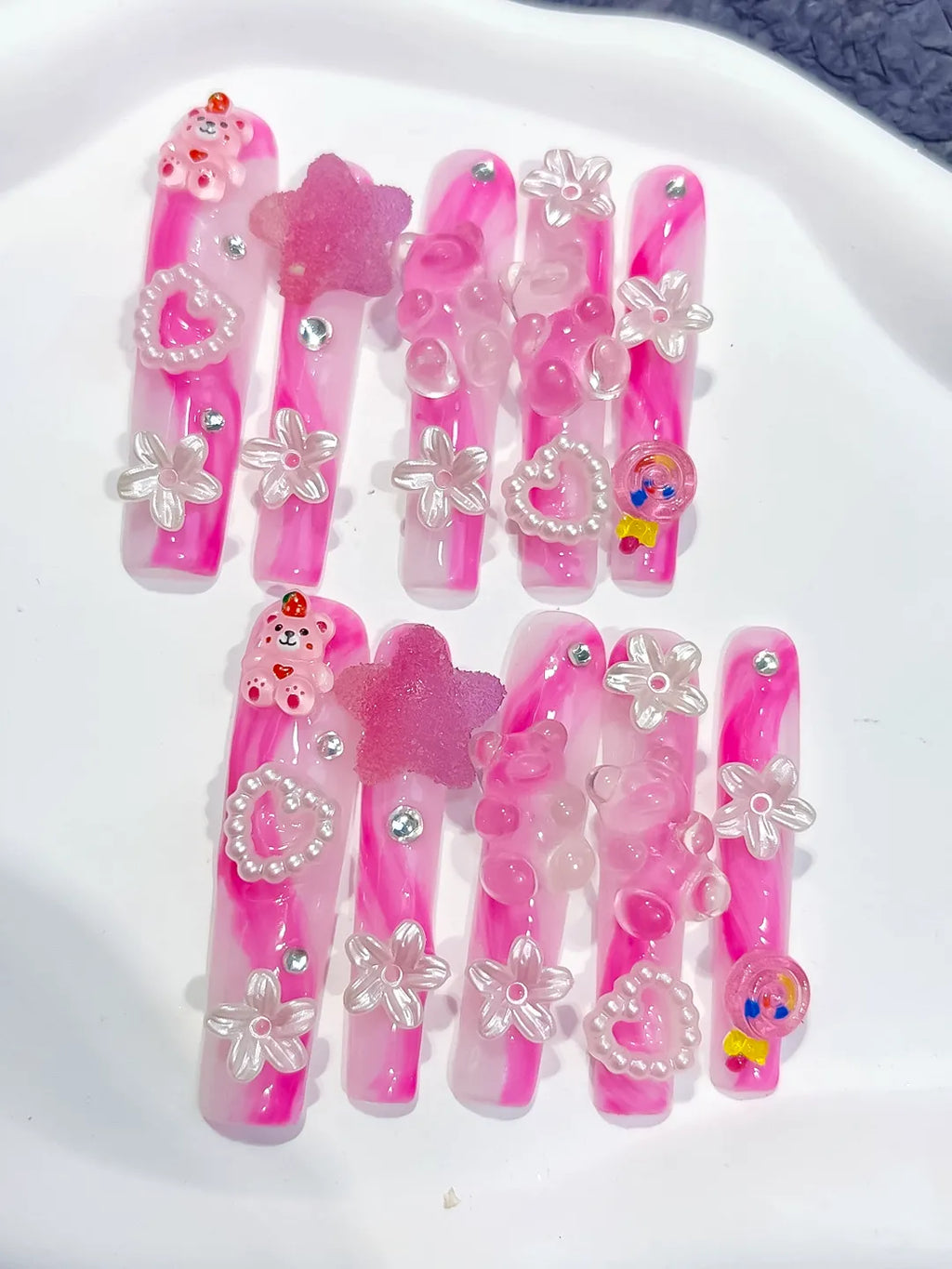 Pink White Solid color Flower 3D press on nails detail view