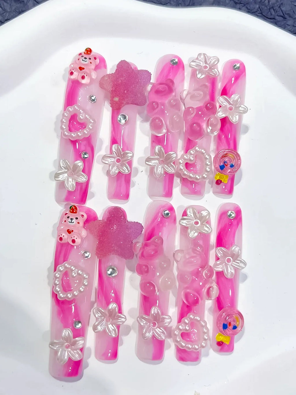 Pink White Solid color Flower 3D press on nails detail view