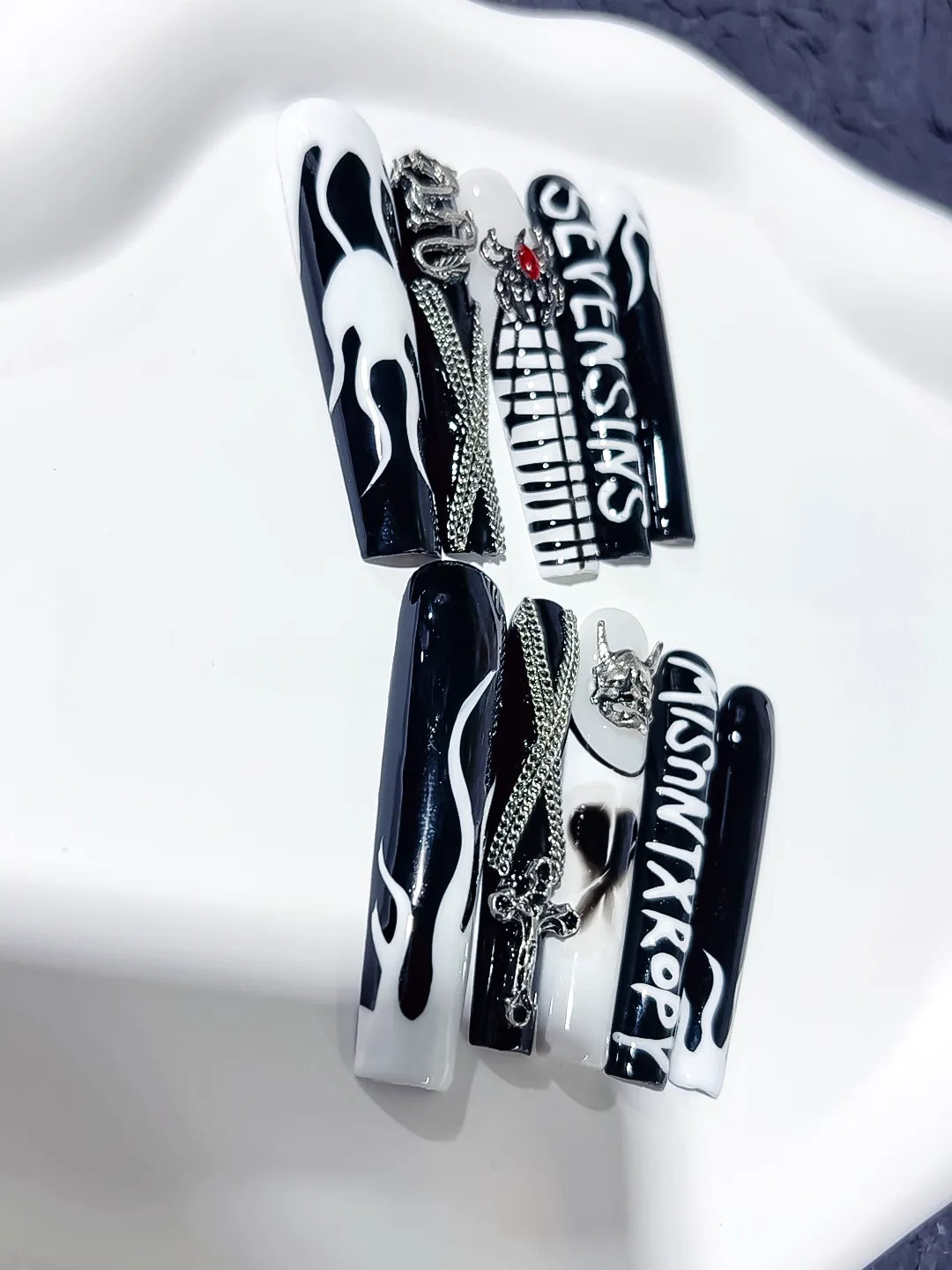 White Black Abstract Swirl 3D press on nails close up