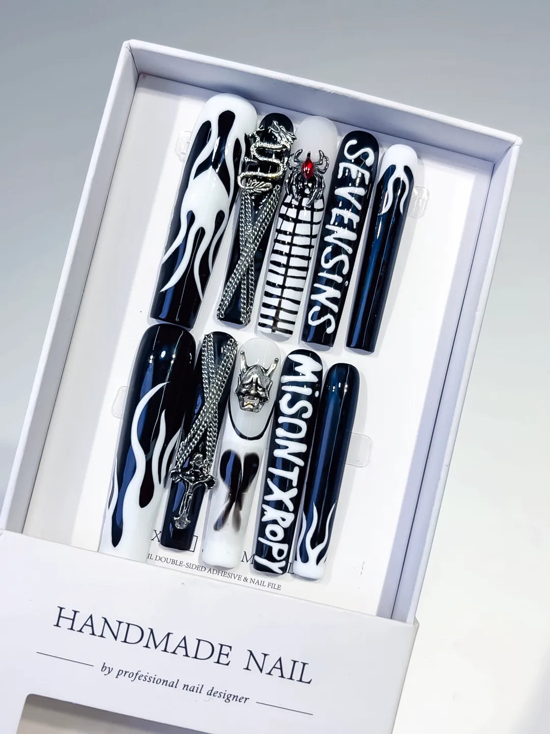 White Black Abstract Swirl 3D press on nails