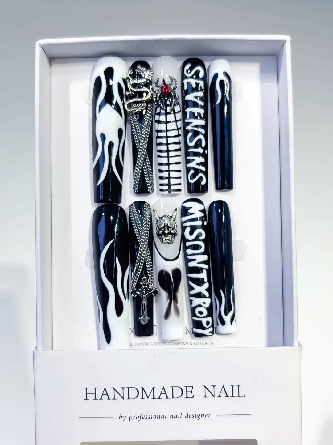 White Black Abstract Swirl 3D press on nails full set view