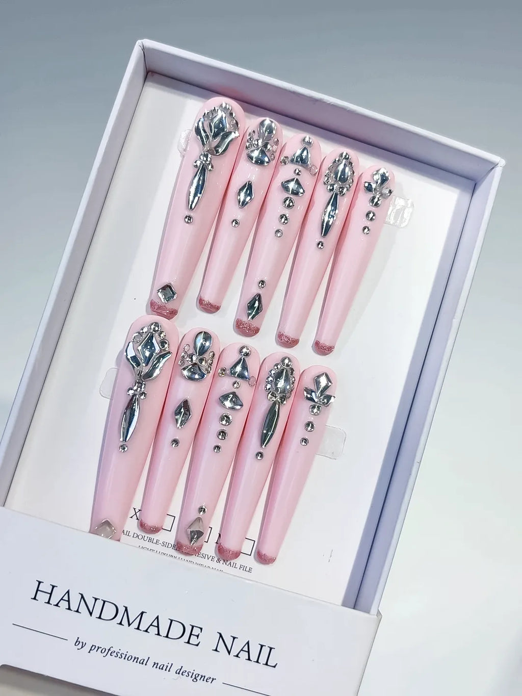 Pink Silver Solid color Bow Rhinestone 3D press on nails
