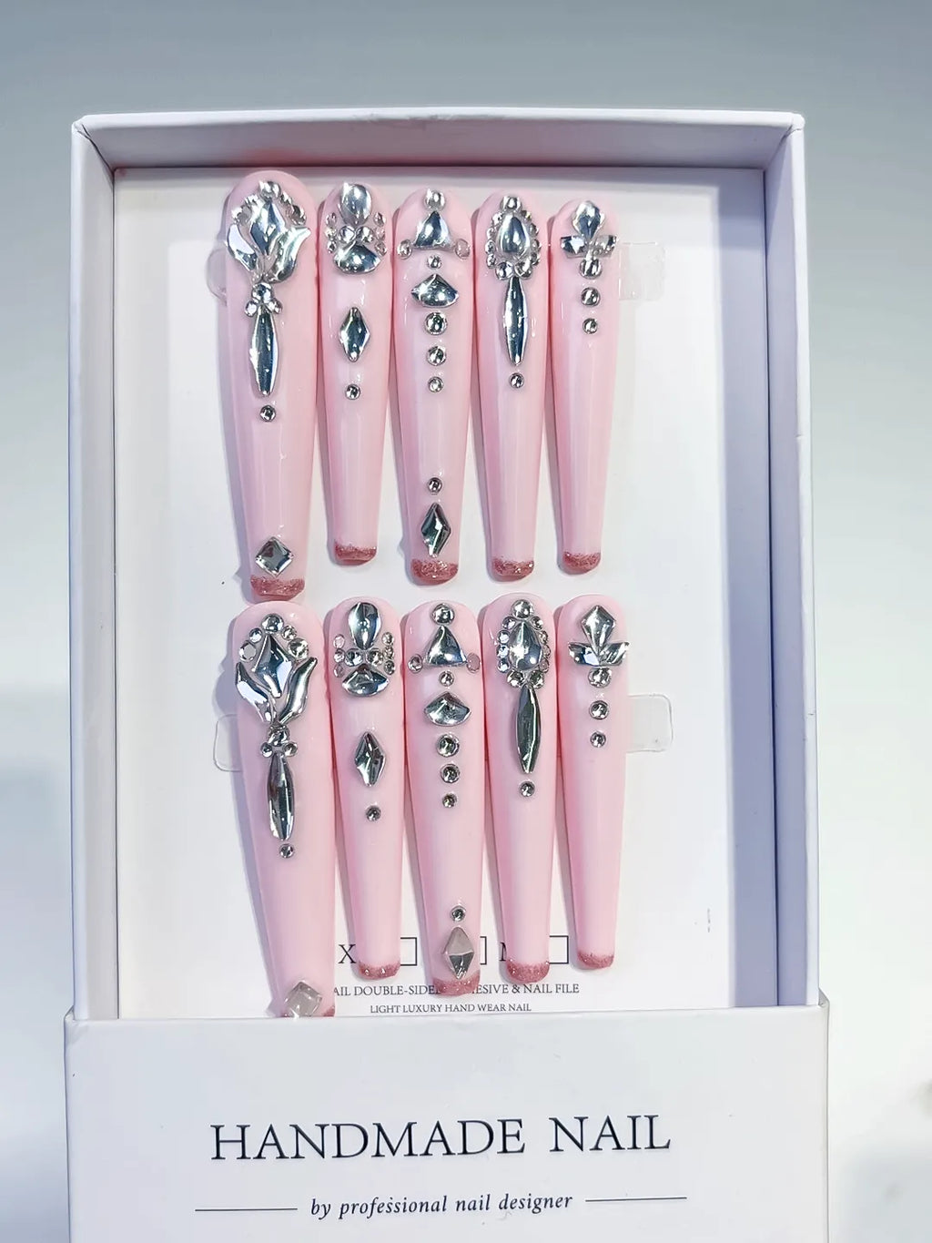 Pink Silver Solid color Bow Rhinestone 3D press on nails full set view