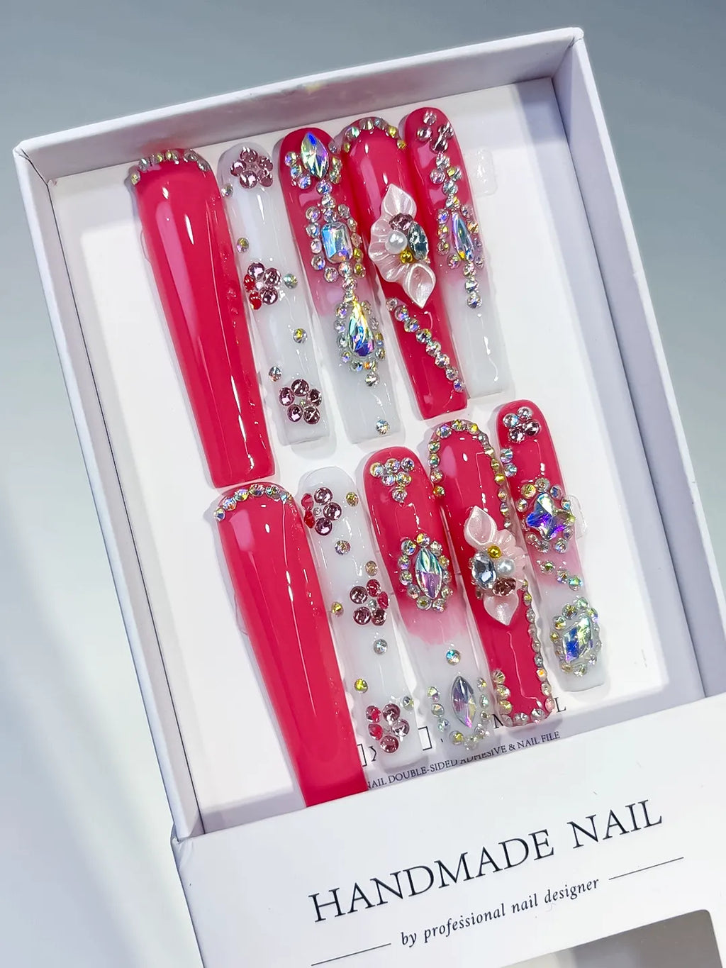 Red Silver Solid color Rhinestone Crystal Cluster press on nails angled view