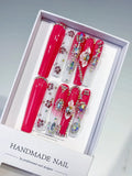 Red Silver Solid color Rhinestone Crystal Cluster press on nails