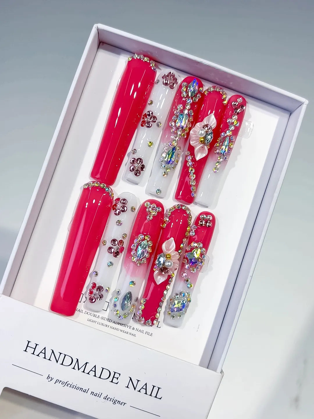 Red Silver Solid color Rhinestone Crystal Cluster press on nails